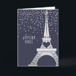 Cartão De Festividades Torre Eiffel do Natal de Paris com neve na noite<br><div class="desc">Este cartão bonito do feriado mostra uma imagem de prata da torre Eiffel contra um fundo azul profundo,  com a neve que cai macia para criar uma cena mágica,  romântica. O cartão diz "Joyeux Noel",  ou "Feliz Natal" em francês,  mas você pode facilmente mudar este que usa o modelo.</div>
