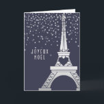 Cartão De Festividades Torre Eiffel do Natal de Paris com neve na noite<br><div class="desc">Este cartão bonito do feriado mostra uma imagem de prata da torre Eiffel contra um fundo azul profundo,  com a neve que cai macia para criar uma cena mágica,  romântica. O cartão diz "Joyeux Noel",  ou "Feliz Natal" em francês,  mas você pode facilmente mudar este que usa o modelo.</div>