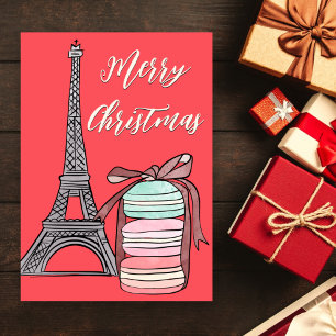 Cartão De Festividades Torre Eiffel e Macarons aquecidos Feliz Natal