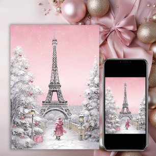 Cartão De Festividades Torre Eiffel, Papais noeis, Natal Rosa-Chic Paris