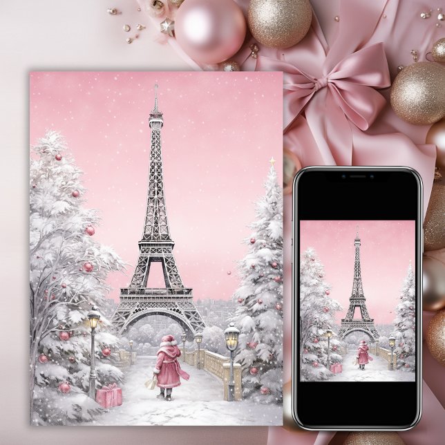 Cartão De Festividades Torre Eiffel, Papais noeis, Natal Rosa-Chic Paris (Criador carregado)
