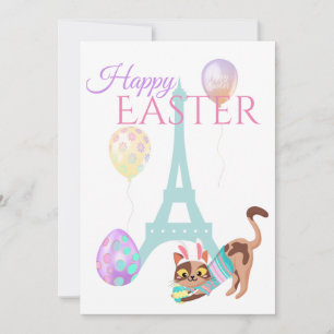Cartão De Festividades Torre Eiffel páscoa e Balões de Pastel Gato