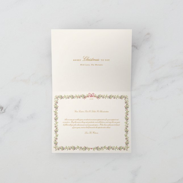 Cartão De Festividades traditional bow christmas botanical folded photo (Interior)