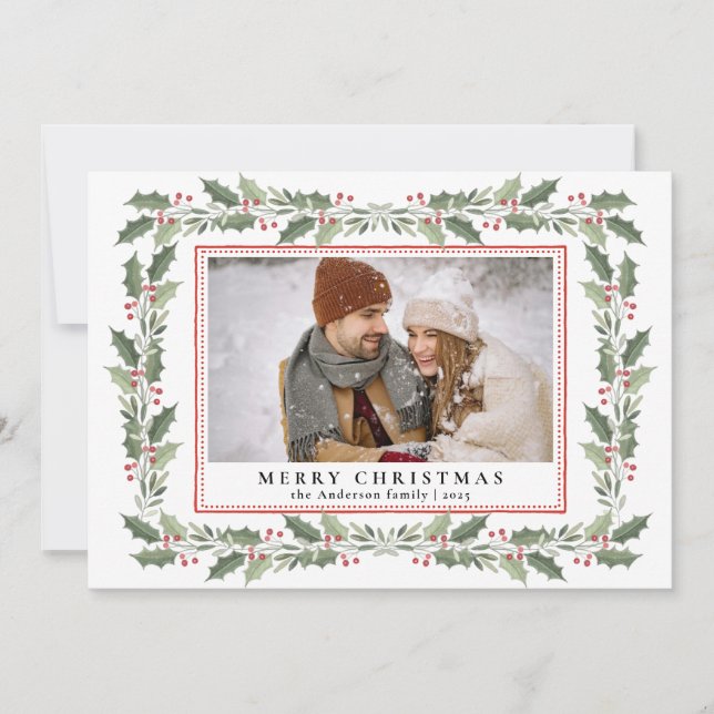 Cartão De Festividades Traditional Christmas Holly Berries & Family Photo (Frente)