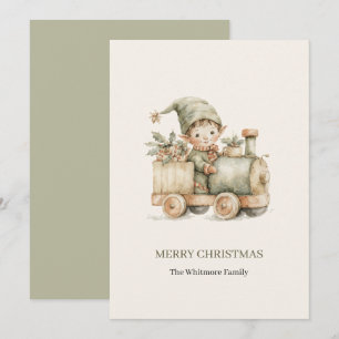 Cartão De Festividades Trem de Brinquedo de Natal em Aquarela Elfo Vintag
