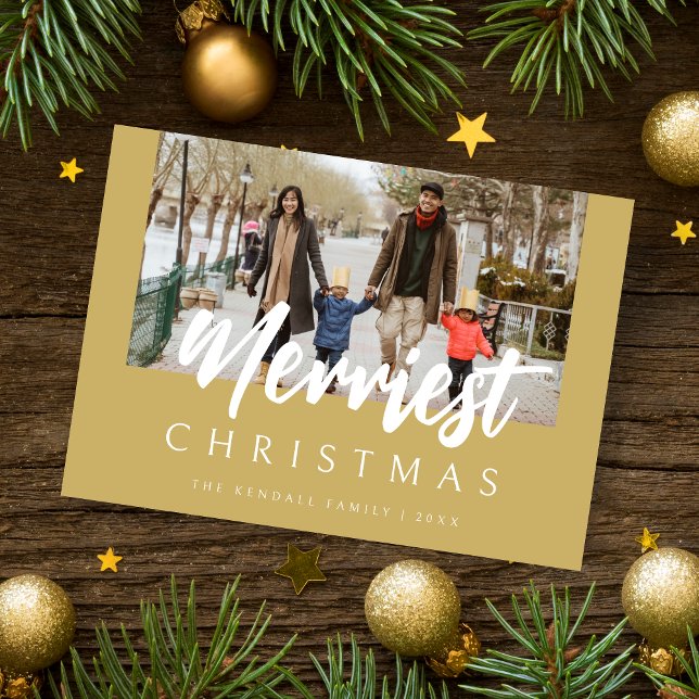 Cartão De Festividades Trendy Chic Photo Merriest Christmas Quote (Christmas Trendy Modern Photo Merriest Christmas Quote in Faux Gold Holiday Card with Envelope.)