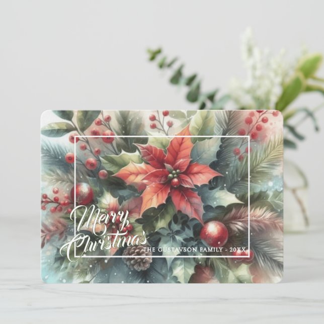 Cartão De Festividades Trendy Chic Red Floral Berries Holiday Wreath (Em pé/Frente)