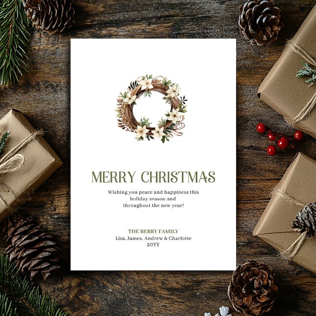 Cartão De Festividades Trendy Christmas Wreath Sage Neutral Holiday Card (Trendy Christmas Ornament Sage Neutral Holiday Card)