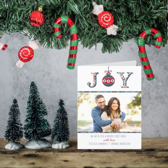 Cartão De Festividades Trendy "Joy" Boho Bauble Foto de Natal (Criador carregado)