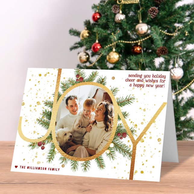 Cartão De Festividades Trendy Joy Pine Boughs Wreath Foto de Natal (Criador carregado)