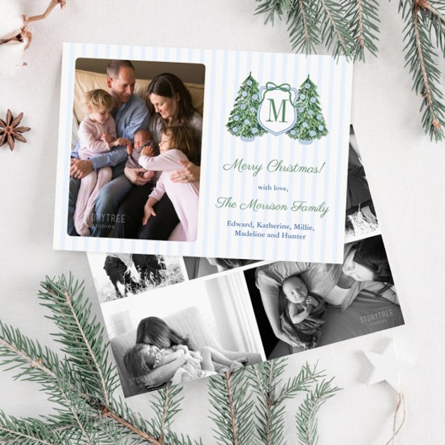 Cartão De Festividades Trendy Monogram Blue Green Bow Stripes Photo (Modern preppy monogram merry christmas holidays card with hand-drawn and watercolor elements)