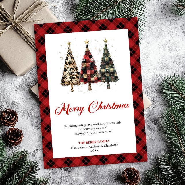 Cartão De Festividades Trendy Red Plaid Christmas Tree Leopard Pattern   (Trendy Red Plaid Christmas Tree Leopard Pattern Card)