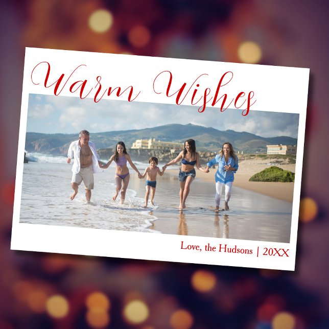 Cartão De Festividades Trendy Red Warm Wishes Two Beach Family Photo  (Criador carregado)