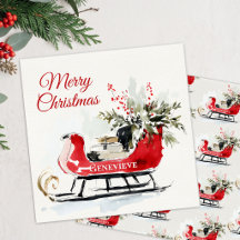 Trenó de Natal aquarela Vermelho Folhagem Feriado