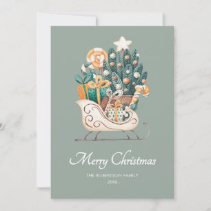 Cartão De Festividades Trenós de Natal aquarela Verde Não-Foto