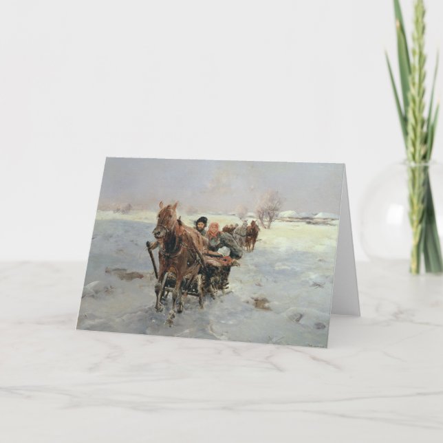 Cartão De Festividades Trenós em uma paisagem do inverno (Frente)