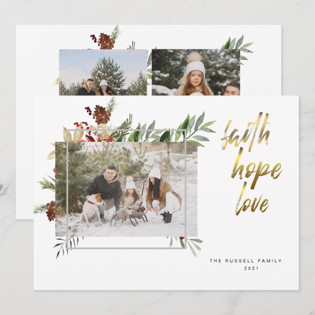 Cartão De Festividades Três Fotos de Natal em Caligrafia Dourada Elegante (Frente/Verso)