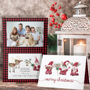 Cartão De Festividades Três Gnomos Reindeer Watercolor Xadrez de Natal