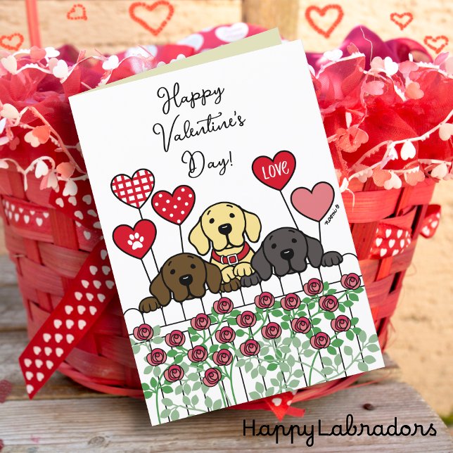 Cartão De Festividades Três Labradores assistindo Rosas Namorados (Three Labrador Watching Valentine Day card for Labrador Owners.  Cute Cartoon design with roses.)