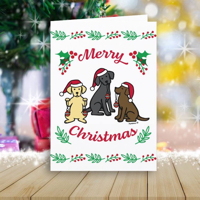 Cartão De Festividades Três Labradores e Ornamentos Natal (Three Labradors and Ornaments Design Christmas Cards for Labrador Retriever Owners.  Cartoon Design.)