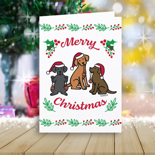 Cartão De Festividades Três Labradores e Ornamentos Natal (Three Labradors and Ornaments Design Christmas Cards for Labrador Retriever Owners.  Cartoon Design.)