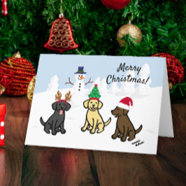 Cartão De Festividades Três Labradores e Snowman no Natal