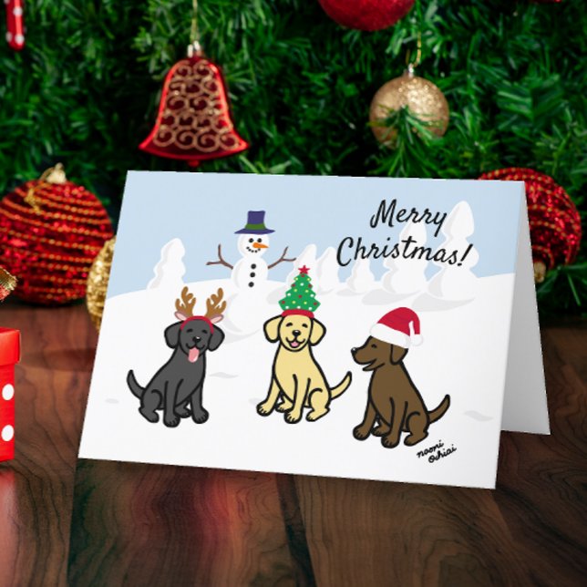 Cartão De Festividades Três Labradores e Snowman no Natal (Three Labradors and Snowman Design Christmas Cards for Labrador Owners.  Cute cartoon style design.)