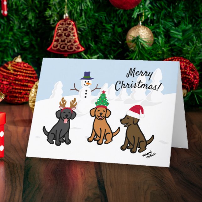 Cartão De Festividades Três Labradores e Snowman no Natal (Three Labradors and Snowman Design Christmas Cards for Labrador Owners.  Cute cartoon style design.)