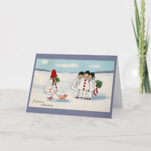 Cartão De Festividades Três Pierrots e um porco em um Natal da trela