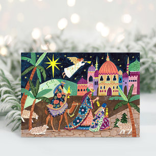 Cartão De Festividades Três Reis Magos caprichosos com estrela e presente