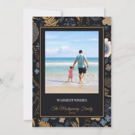 Cartão De Festividades Tropical Blue Gold Flowers Warm Wishes