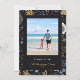 Cartão De Festividades Tropical Blue Gold Flowers Warm Wishes