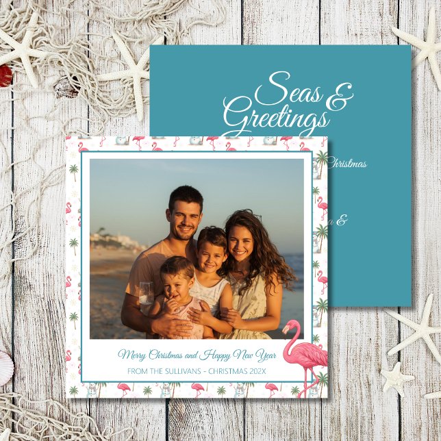 Cartão De Festividades Tropical Christmas Pink Flamingo Family Photo (Coastal Christmas tropical beach holiday card with pink flamingos, festive palm trees and snowman)