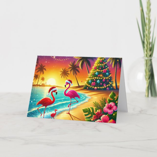 Cartão De Festividades Tropical Flamingos on Beach Christmas Holiday Card (Frente)