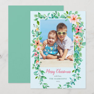 Cartão De Festividades Tropical Flowers Blue Christmas 1-Photo Card