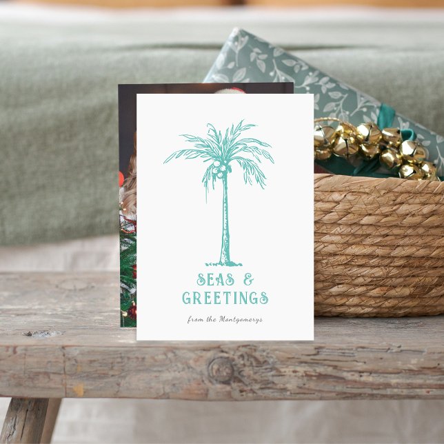 Cartão De Festividades Tropical Palm Seas e Saudações Foto de Natal (Tropical Palm Seas and Greetings Christmas Photo Holiday Card)