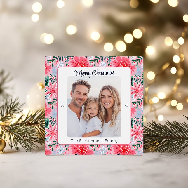 Cartão De Festividades Tropical Pink Christmas Floral Photo (Tropical Pink Floral Christmas Card)