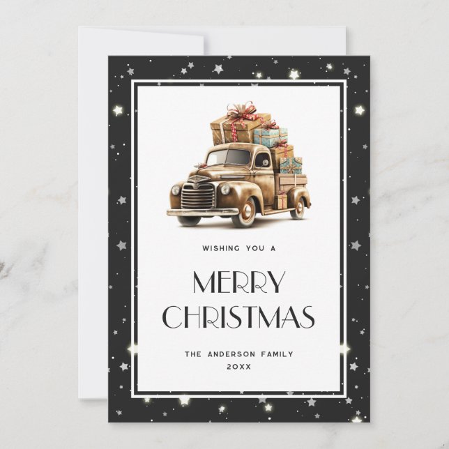 Cartão De Festividades Truck Retro Gifs Stars Black Merry Christmas Card (Frente)