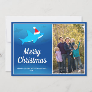 Cartão De Festividades Tubarão Azul no Planador de Natal do Santa Hat