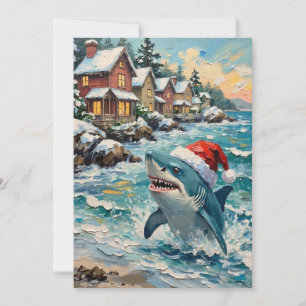 Cartão De Festividades Tubarão Vintage com Chapéu de Papai Noel na Praia