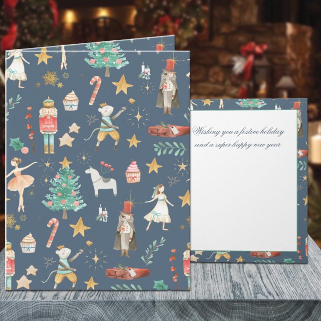 Cartão De Festividades Tudo Nutcracker Natal Azul (Everything Nutcracker Christmas Dusk Blue Holiday Wraparound Graphics Folded Card)