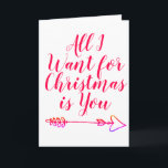 Cartão De Festividades Tudo o que eu quero para o Natal é seu feriado per<br><div class="desc">Vermelho e branco simples com setas de ouro texto personalizável com opção para adicionar suas próprias fotos. "Tudo o que eu quero no Natal é você" dentro "e mais você" de volta "ainda você"/</div>