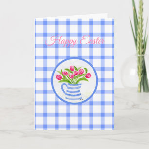 Cartão De Festividades Tulipas Aquarela Azul Feliz Páscoa Xadrez