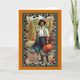 Cartão De Festividades Turkey, Feathers and Farmer Vintage Thanksgiving