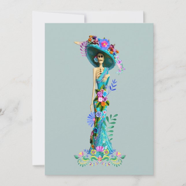 Cartão De Festividades Turquesa & Rosa Dia dos Mortos Elegante Catrina (Frente)