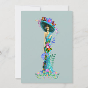 Cartão De Festividades Turquesa & Rosa Dia dos Mortos Elegante Catrina