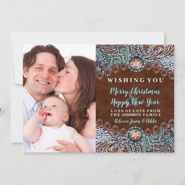 Cartão De Festividades Turquoise Brown Western Country Foto de Natal (Frente)