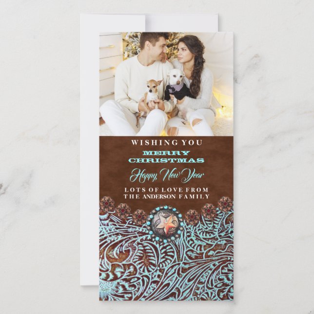 Cartão De Festividades Turquoise Brown Western Country Foto de Natal (Frente)