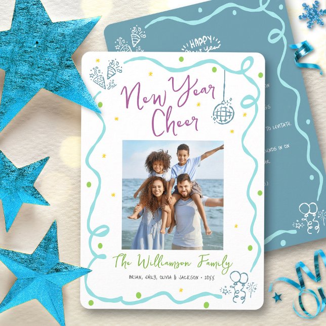 Cartão De Festividades Turquoise Teal New Year Cheer Photo Hand Drawn Fun (Criador carregado)