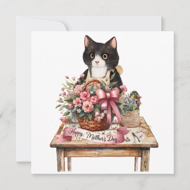Cartão De Festividades Tuxedo cat arranging flower Mother;s Day  (Frente)